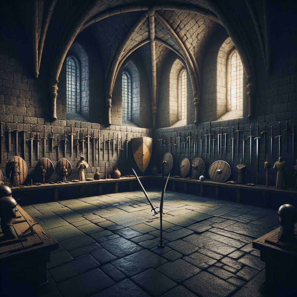 Medieval Stone Sparring Room with Ancient Weapons
