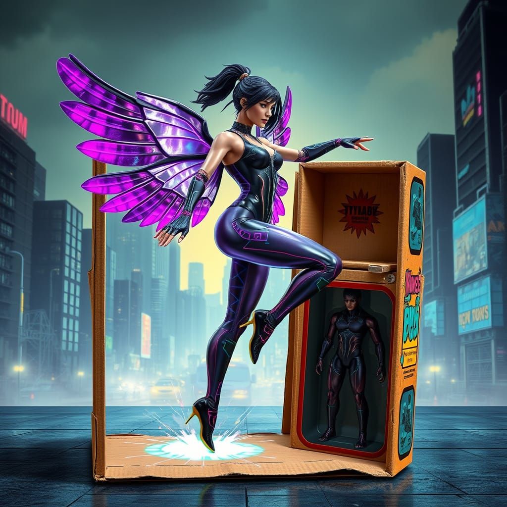 Cyberpunk Dancer Breaks Free from Vintage Action Figure Box