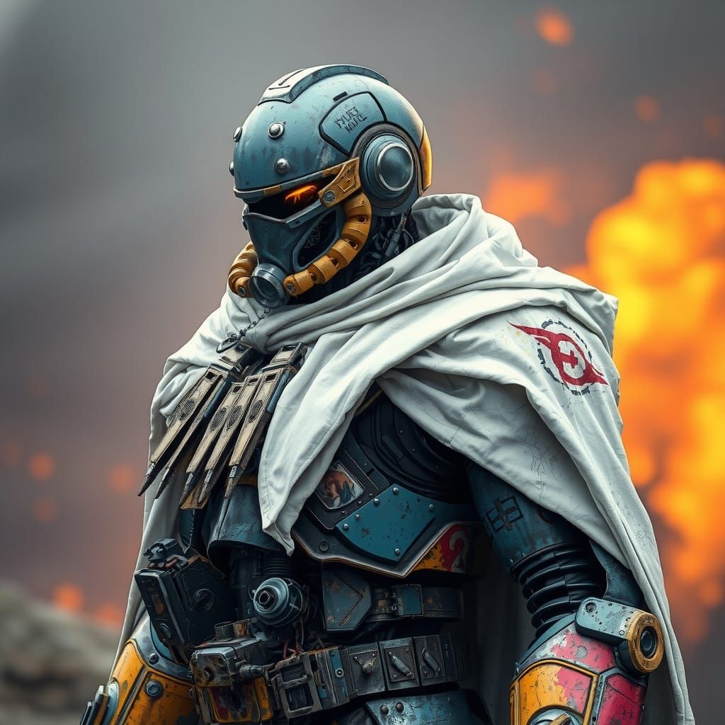 Battle Worn Cyberpunk Warrior in Vibrant Armor