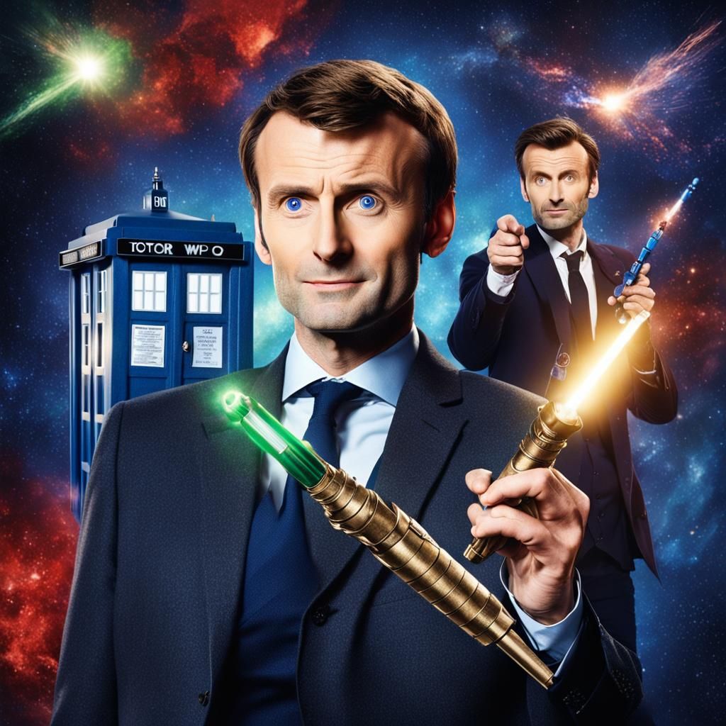 Macron as Doctor Who with Sonic Screwdriver