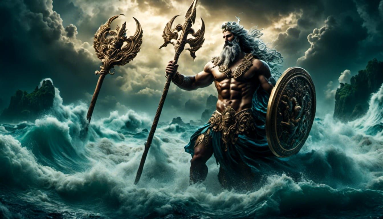 Poseidon in Stormy Sea with Trident