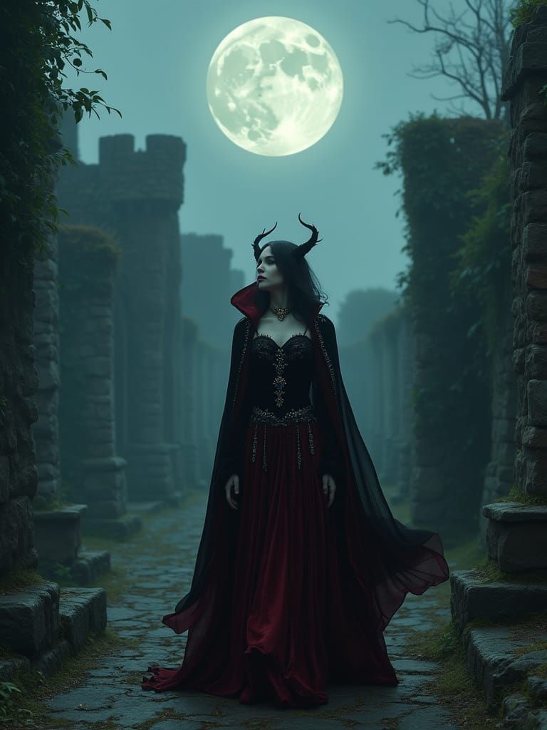 Ethereal Vampire Woman Strolls Medieval Castle Grounds Under...