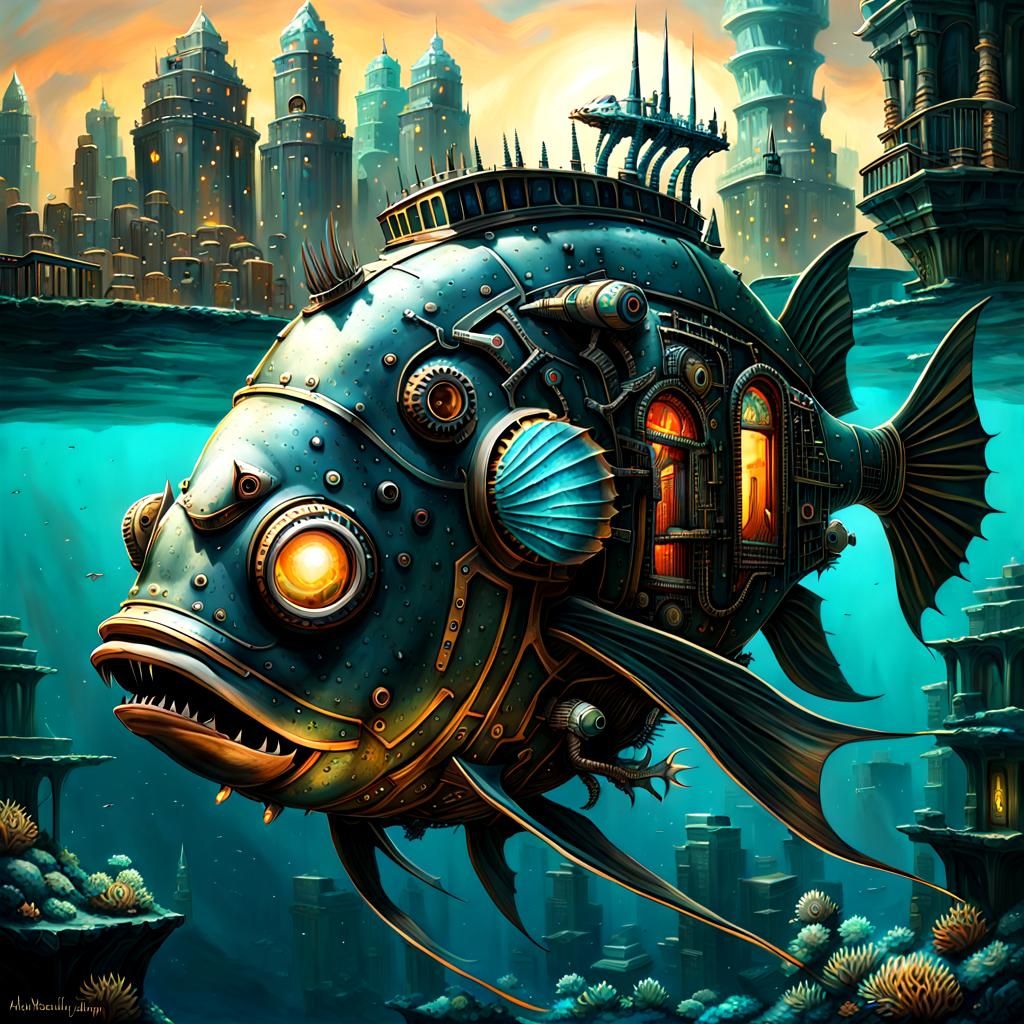 Submerged Biomechanical Cityscape with Bioluminescent Lighti...