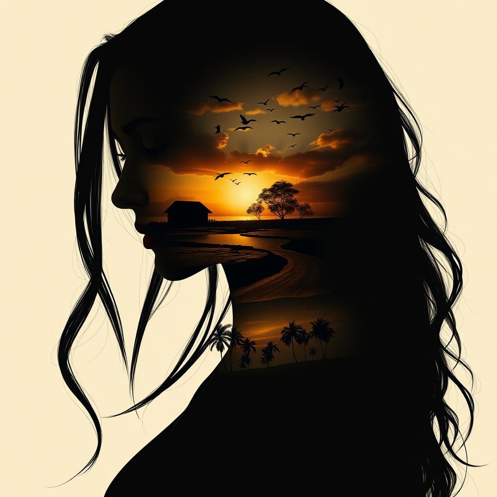 Elegant Silhouette Portrait with Dual Landscape