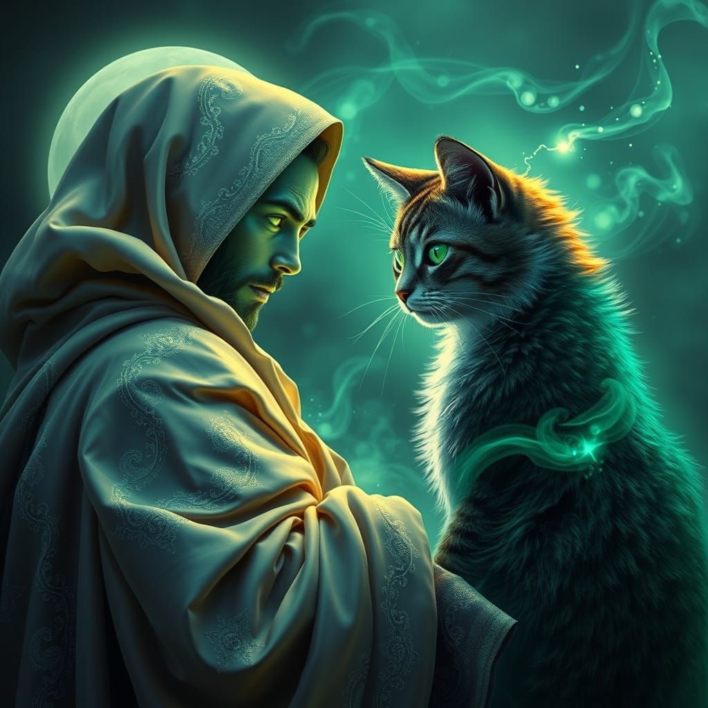 Mystical Sorcerer Encounters Radiant Cat in Dreamlike Fantas...