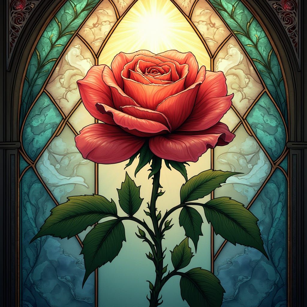 Ethereal Stained Glass Rose in Art Nouveau Style
