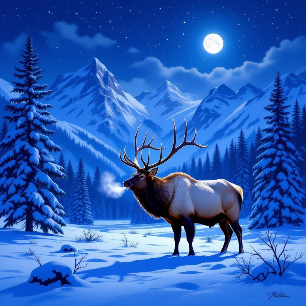 Majestic Bull Elk in Snowy Mountain Wilderness