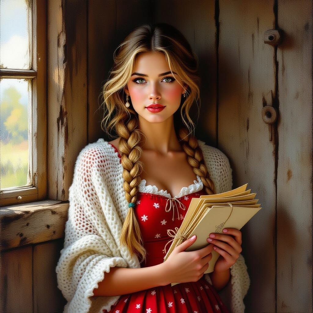 Woman in Vintage Dress Leans Against Rustic Wall