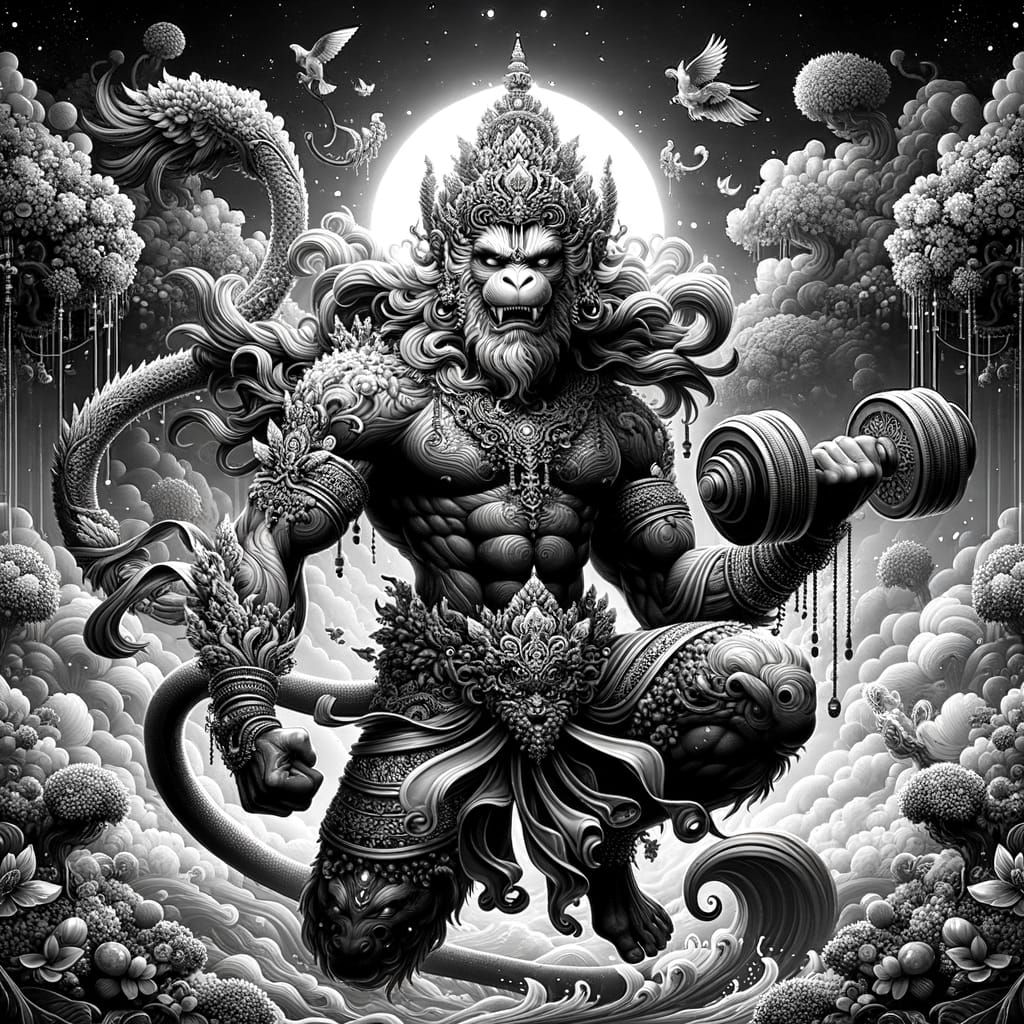 Hanuman Monkey God Lifts Weights in Detailed Matte Painting
