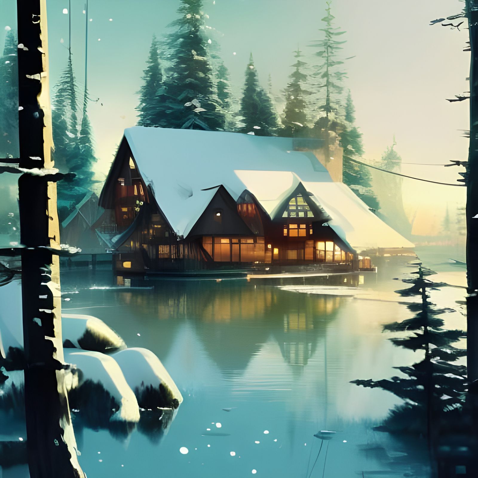 Snowy Lakeside House under Starry Sky