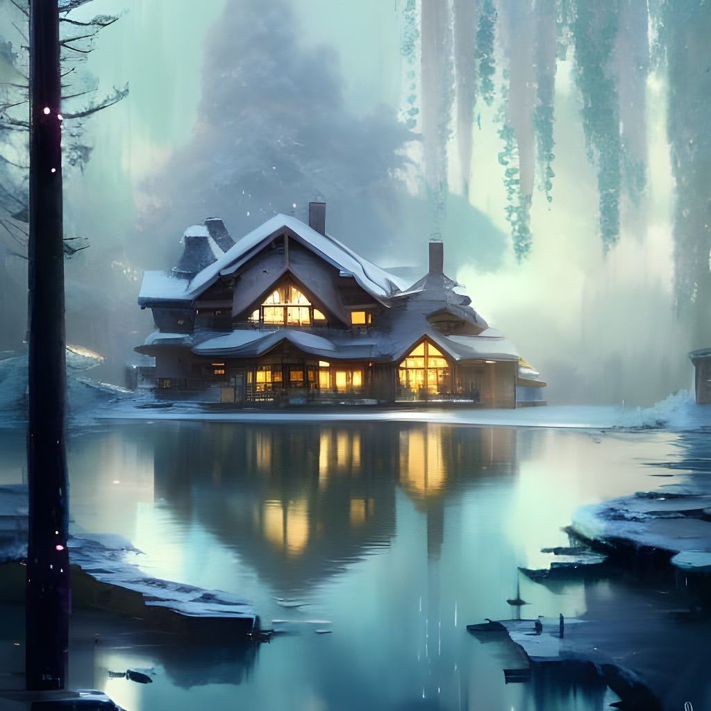 Snowy Lakeside Home Under Starry Sky