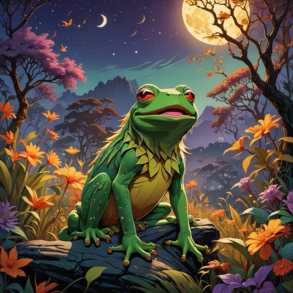 Kermit as Simba in Epic Moonlight, Surreal Illustration