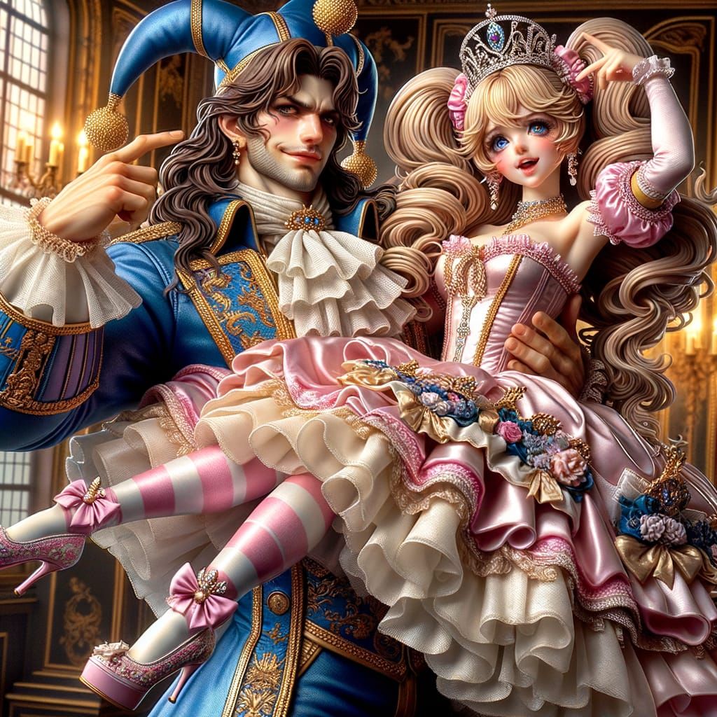 Jester Carries Princess in Opulent Castle Scene