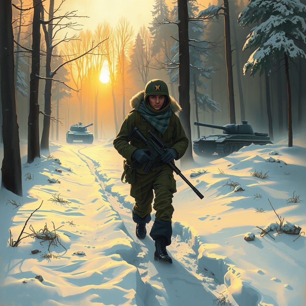 Finnish Soldier in Winter Landscape as Impressionist Paintin...