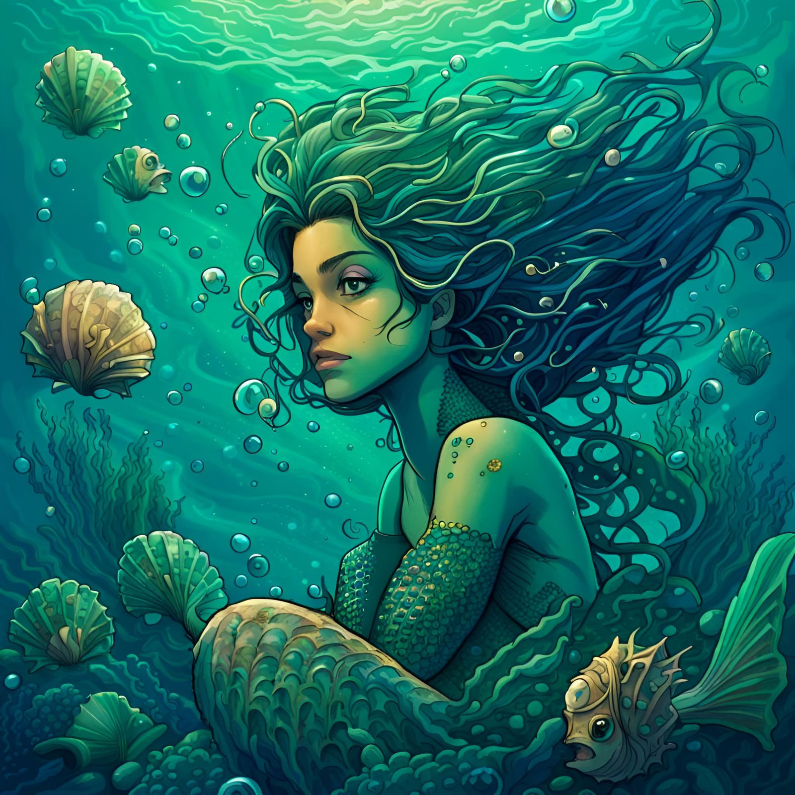 Sad Mermaid in Comic Style Underwater Scene