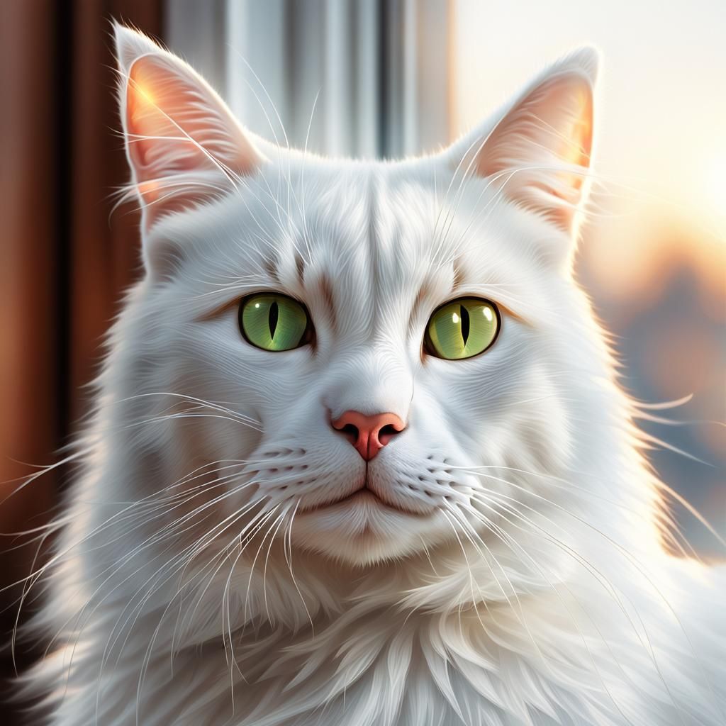 Photorealistic White Cat Portrait on Window Sill