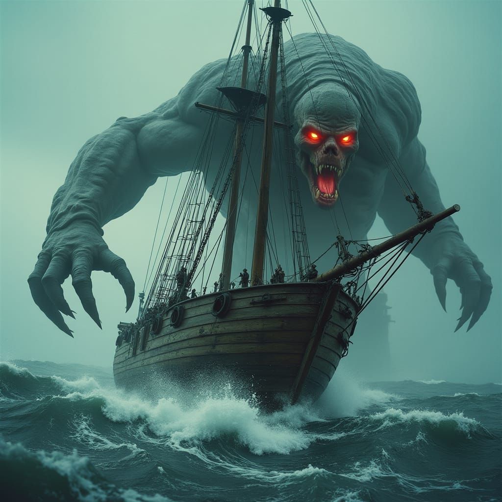 Ship Attacked by Sea Monster in Ferocious Storm