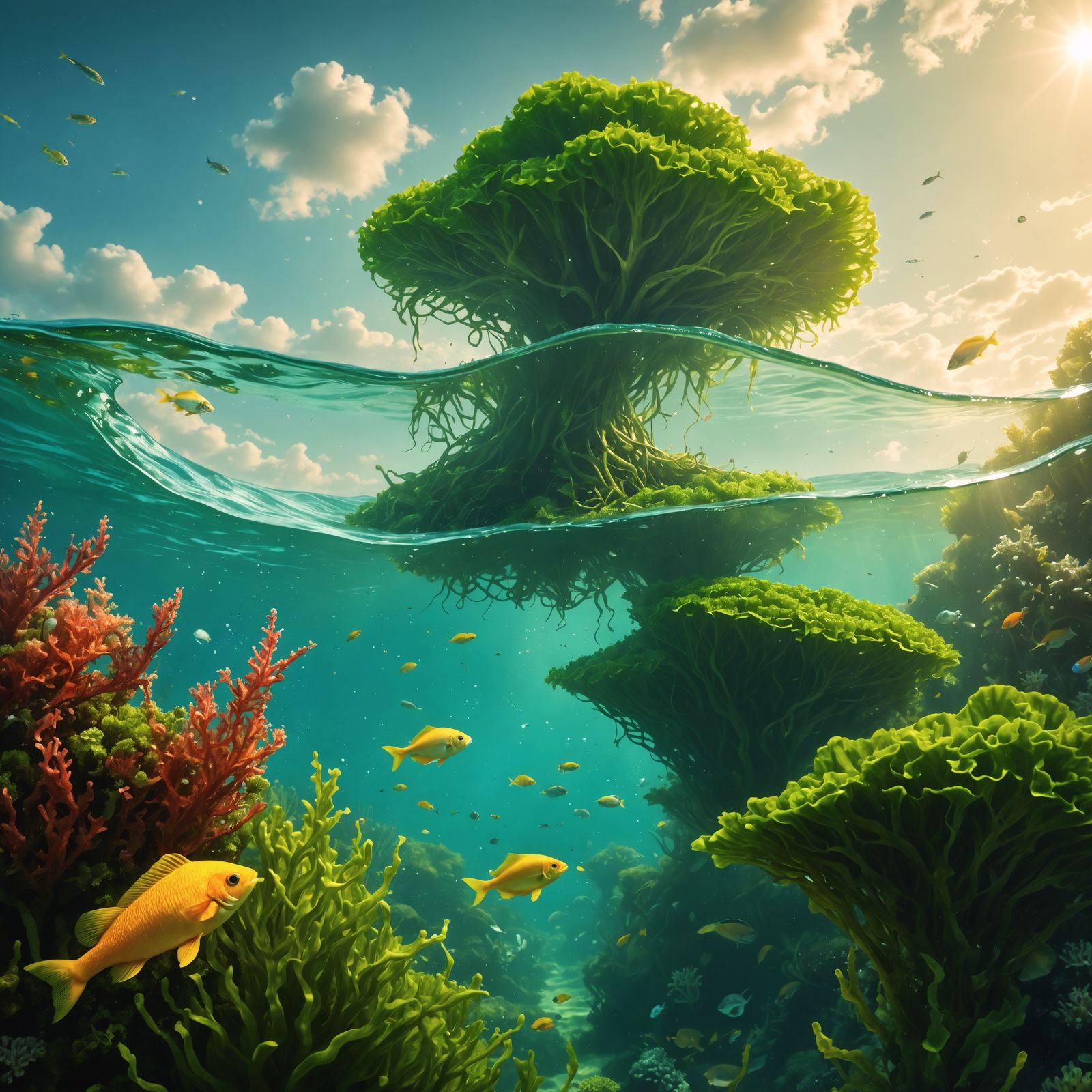 Dreamy Underwater Oasis with Vibrant Green Seaweed and Swarm...