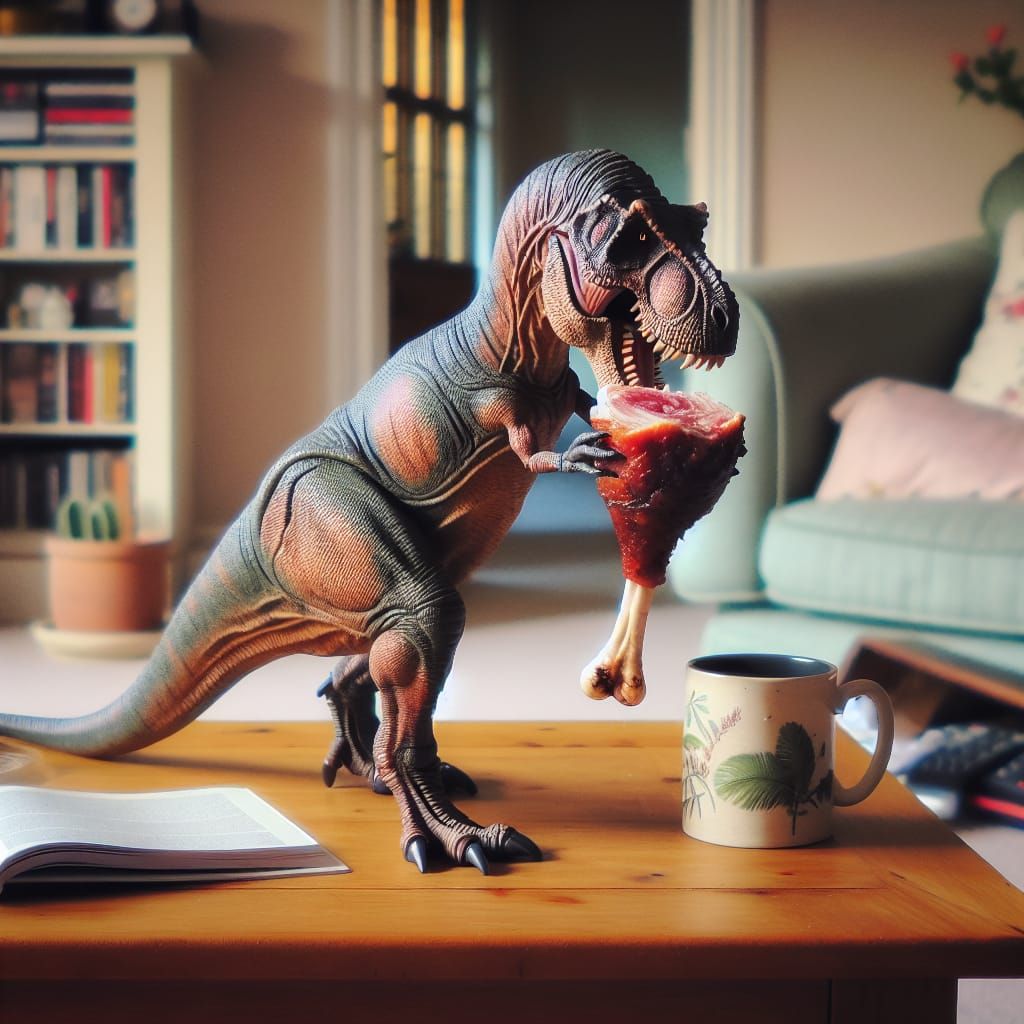 Miniature Tyrannosaurus Rex Enjoying a Turkey Leg in a Cozy...