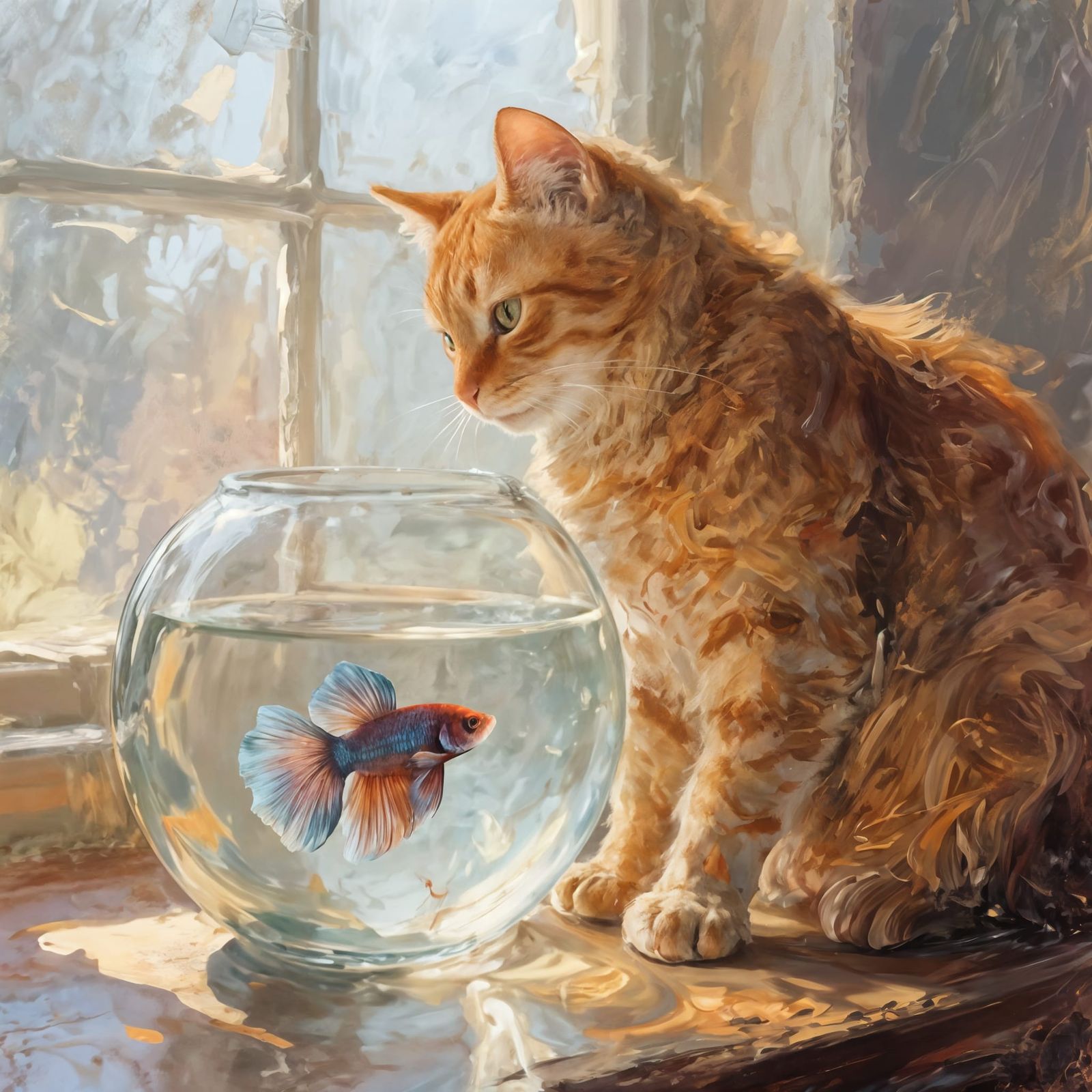 Serene Cat and Fish Friendship in Impasto Oil Painting