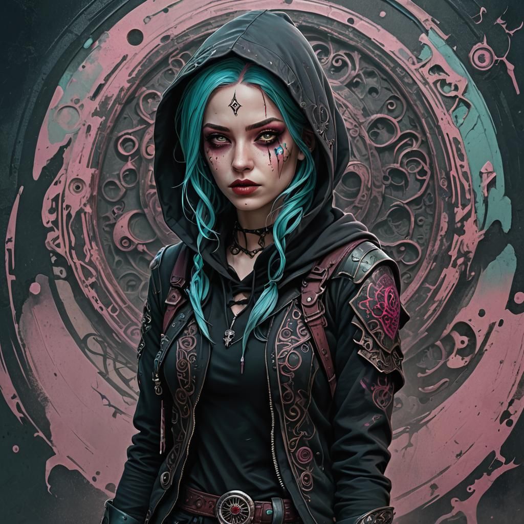 Gothic Rogue with Cyan Hair, Detailed Fantasy Art