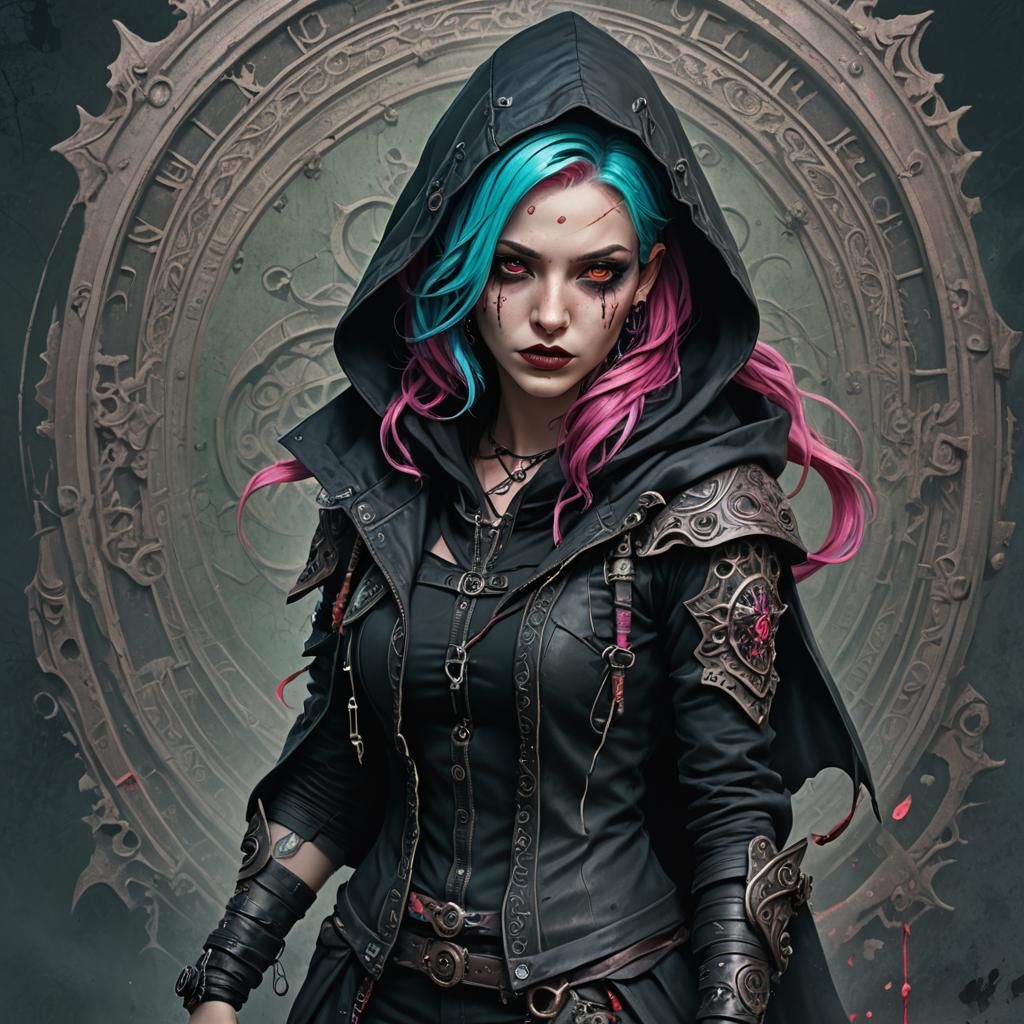 Gothic Fantasy Rogue with Cyan Hair, Hyperrealistic