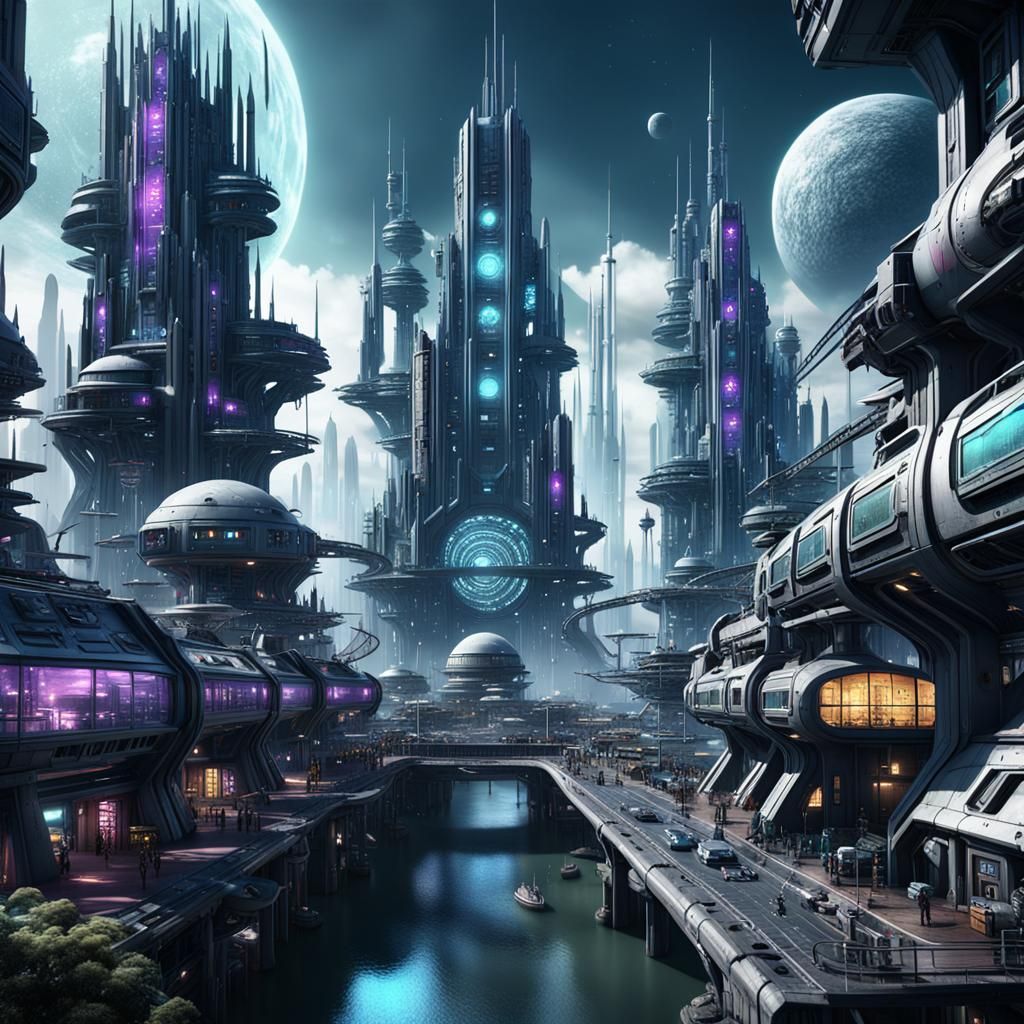 Gothic Punk Futuristic Space Colony City in Detailed Matte P...