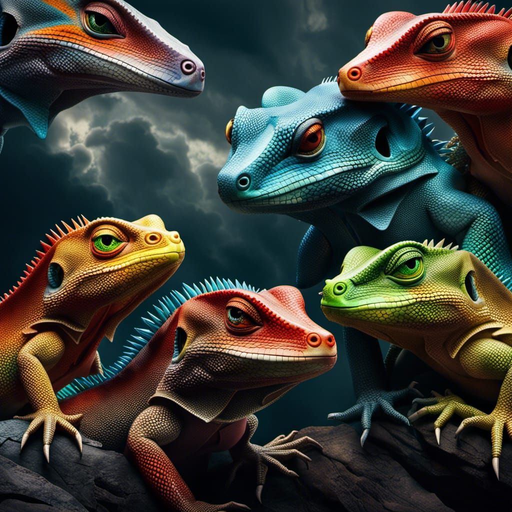 Magical Lizards Conjure Storm: Dark Fantasy Art