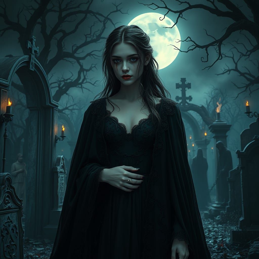 Gothic Princess in Moonlit Graveyard