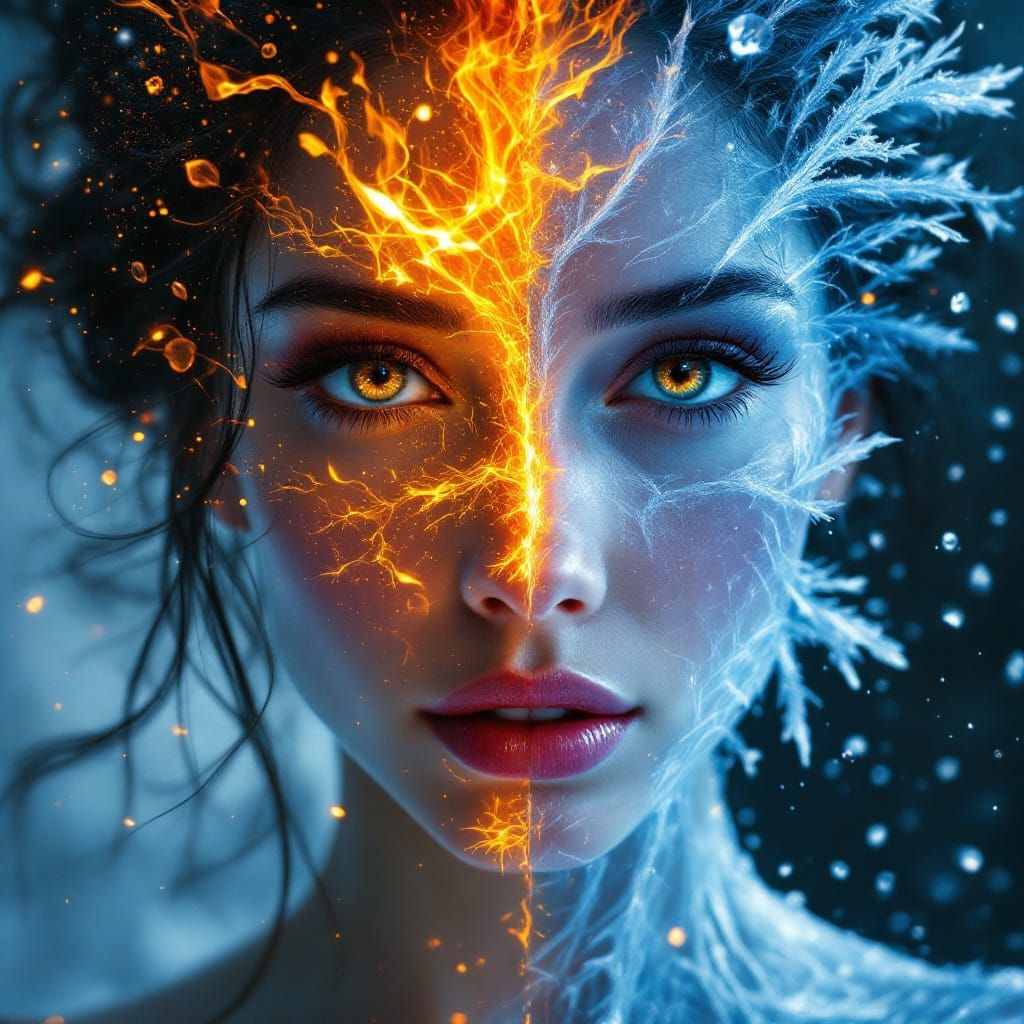 Woman's Face: Fire and Ice Double Exposure Portrait