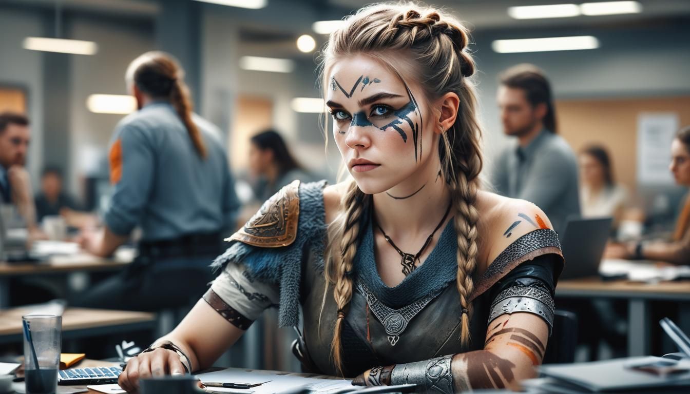 Viking Woman in Office: Hyper-Realistic Digital Portrait
