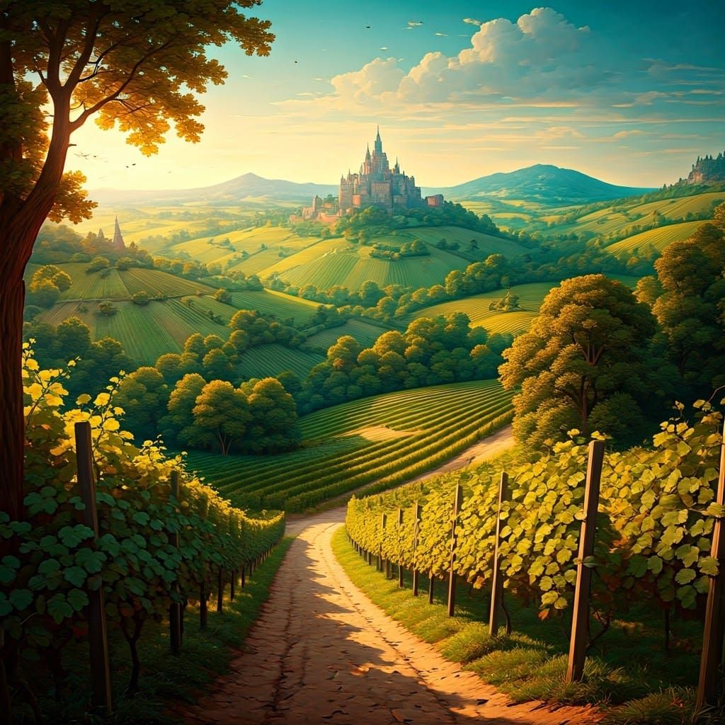 Surreal Medieval Vineyard Scene in Warm Golden Light