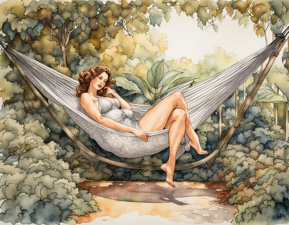 Woman in Hammock: Sensual Comic Art Portrait