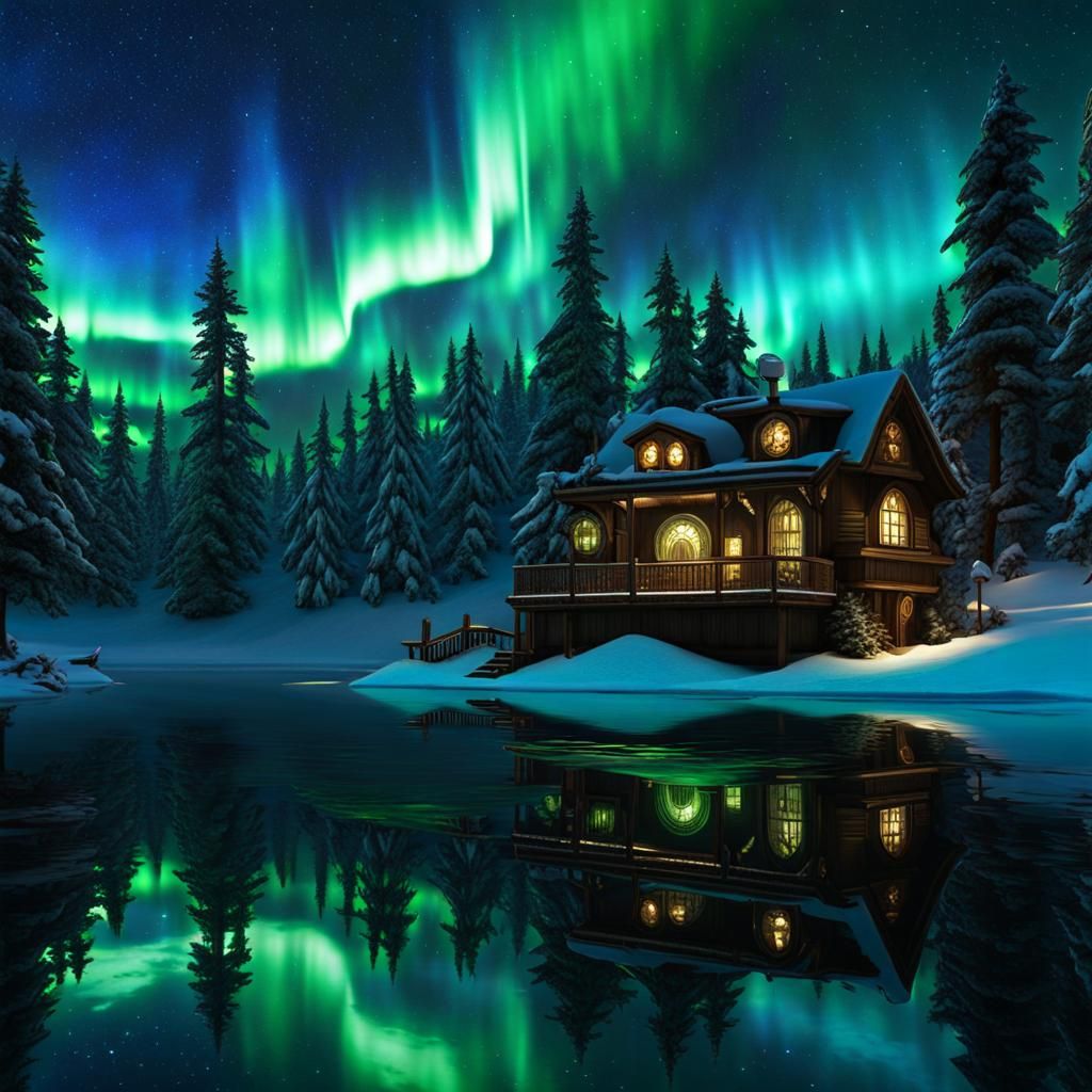 Steampunk Winter Wonderland Aurora Reflection