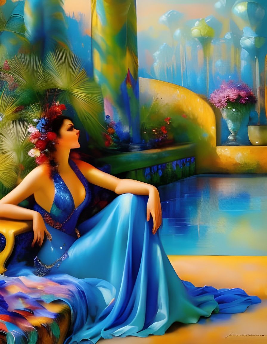 Art Deco Woman by the Pool in Expressionist Style