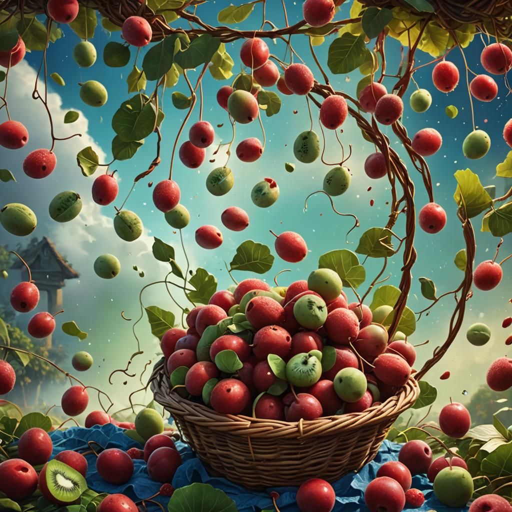 Red Kiwis Falling in Fantasy Illustration