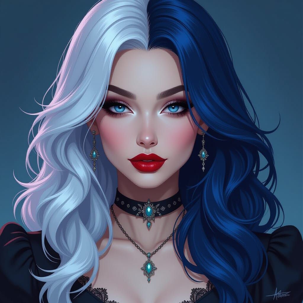 Goth Woman With Silver And Blue Hair In Dynamic Style