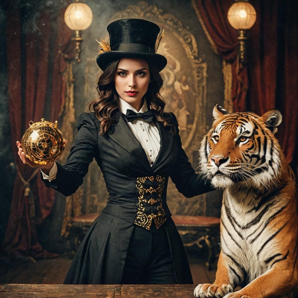 Brunette Magician and Tiger Act: Vintage Photograph