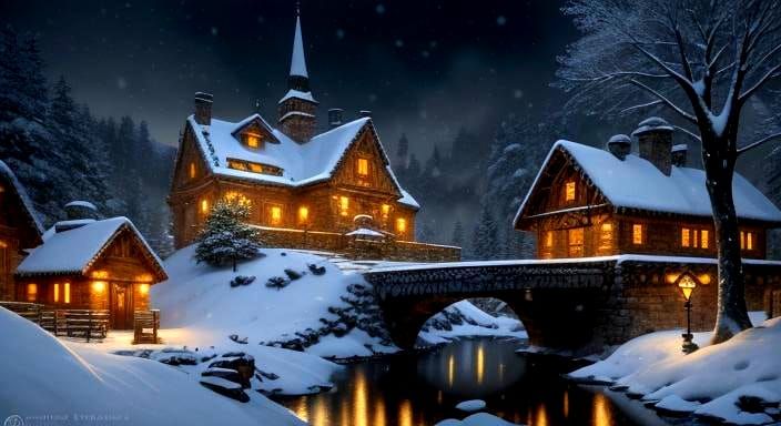 Winter Village Holiday Scene in Luminist Style