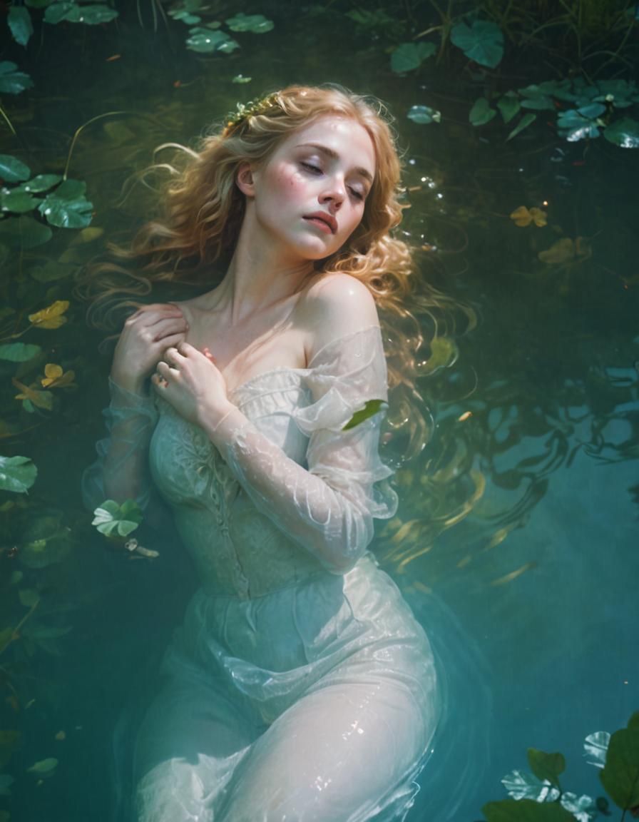 Ophelia in Water: A Cinematic Pre-Raphaelite Scene