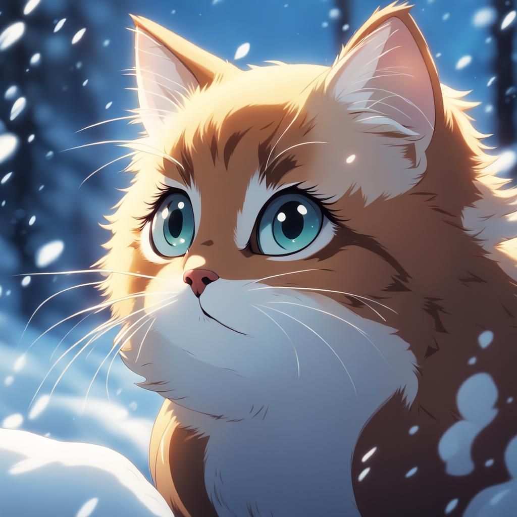 Cute Kitty in Snow: Studio Ghibli Anime