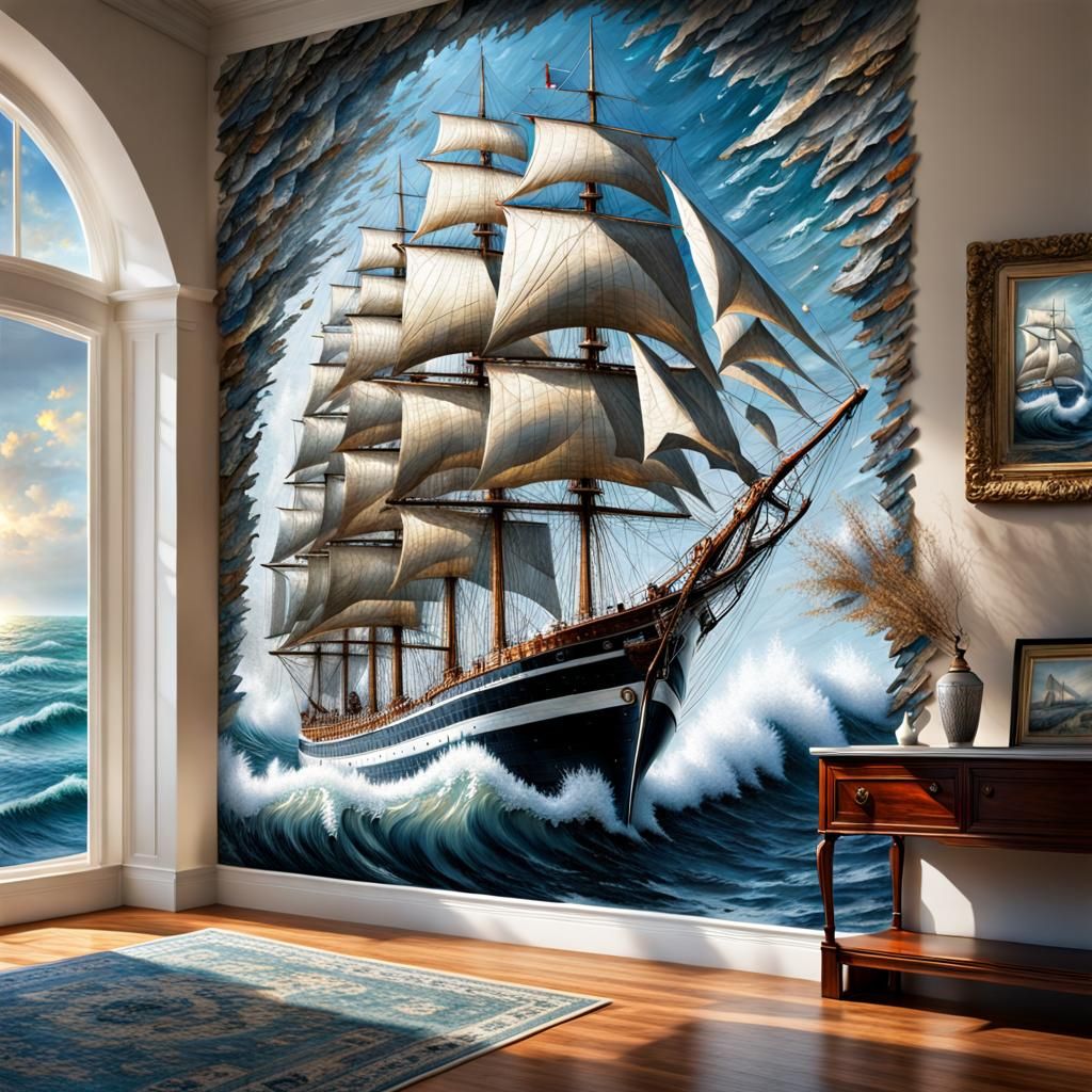 Girl Completes Sailing Ship Puzzle in Art Deco Style