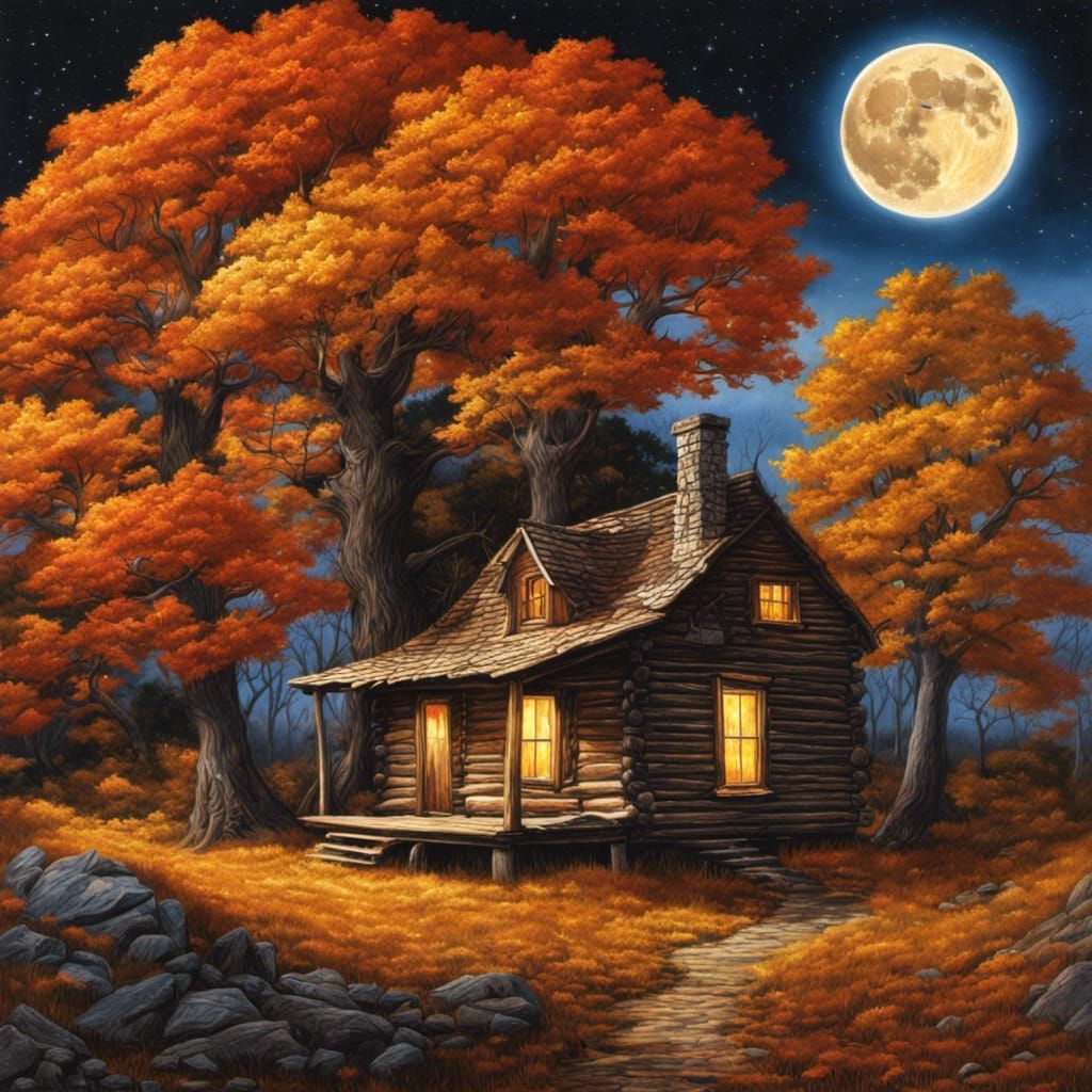 Rustic Cabin Under Harvest Moon in Autumn Landscape