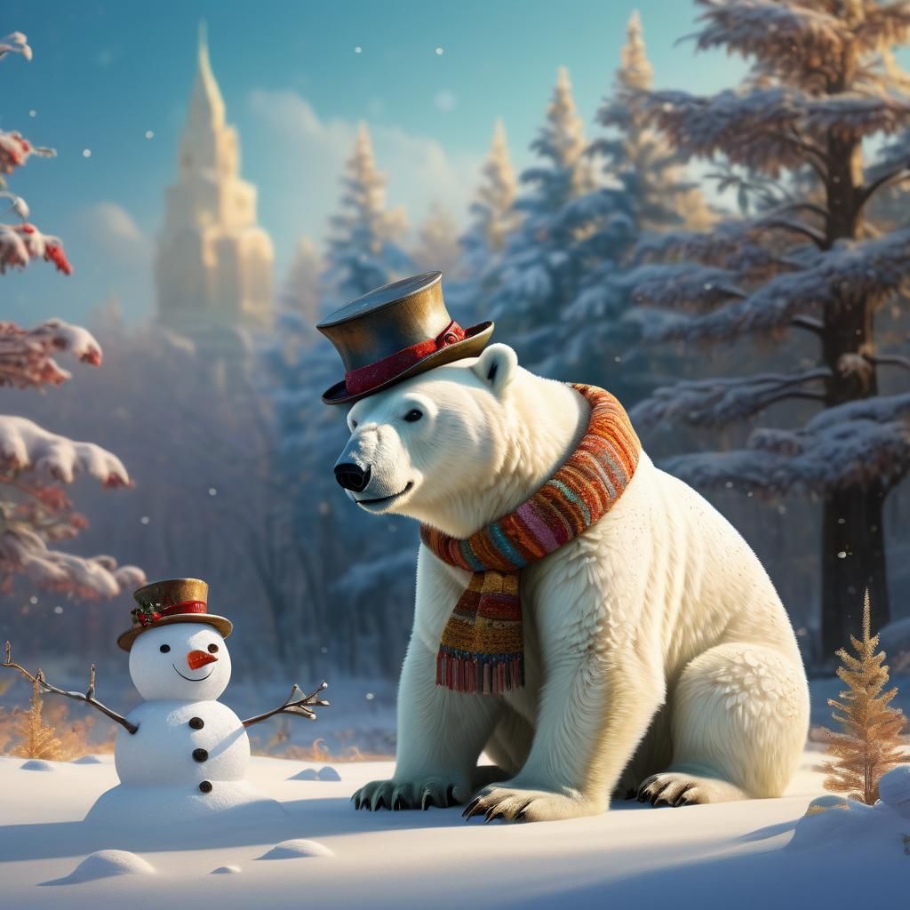 Whimsical Winter Wonderland: Polar Bear Cub and Snowman unde...