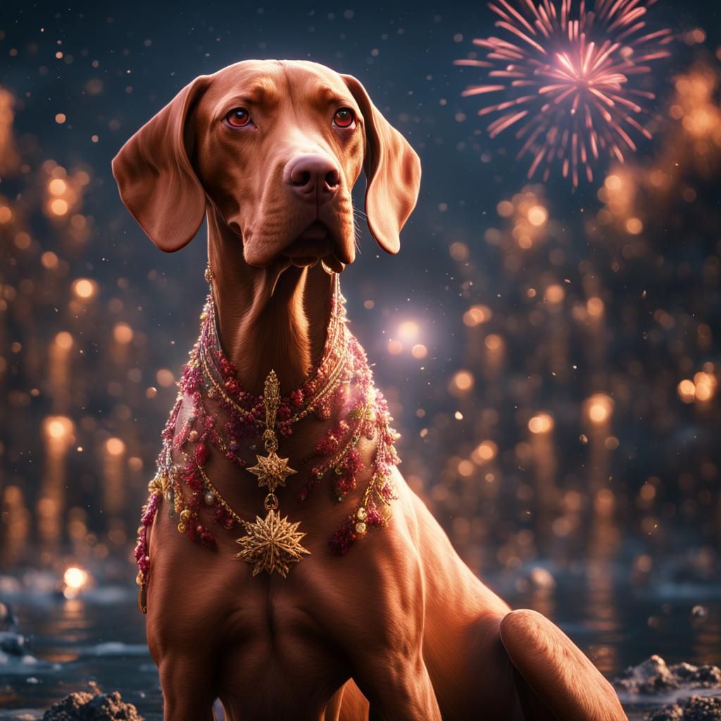 Vizsla Dog Celebrates New Year in Detailed Matte Painting