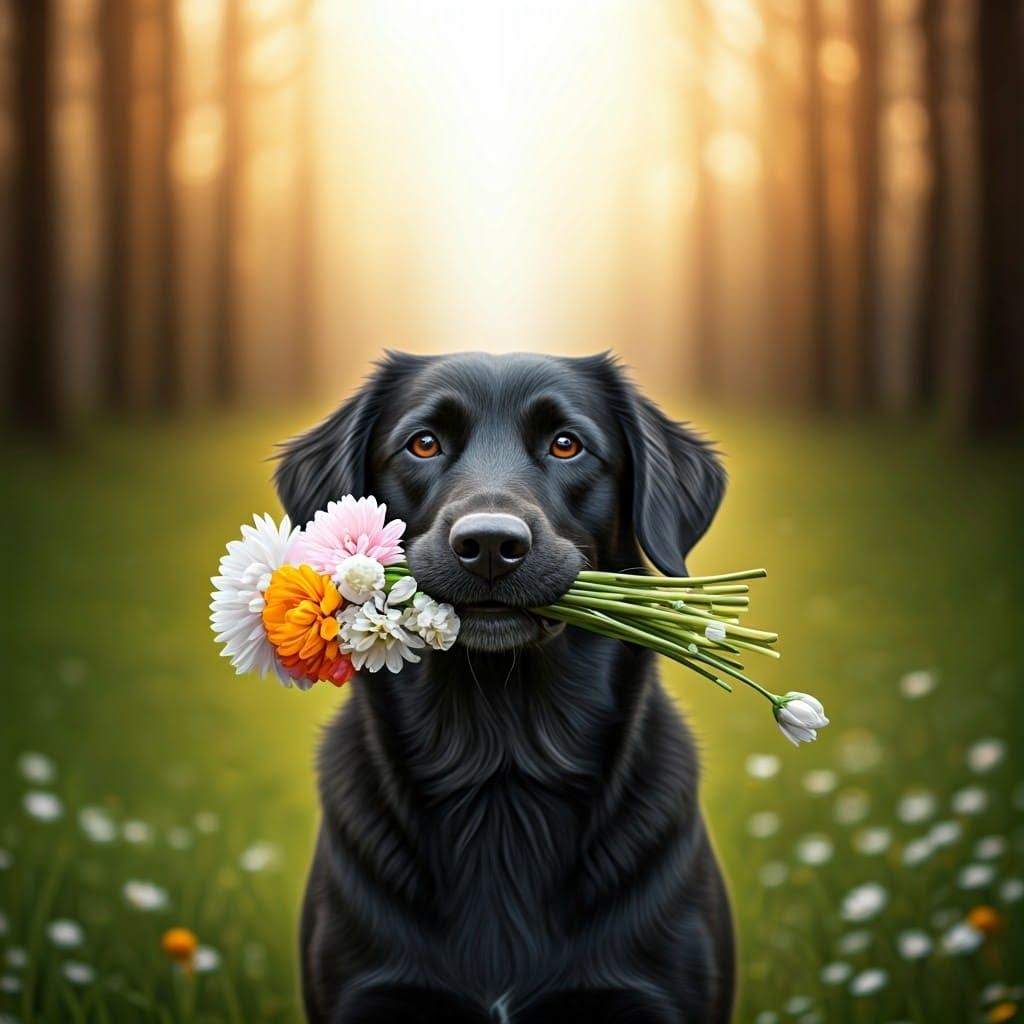 Black Dog with Flowers in a Tender Spring Moment