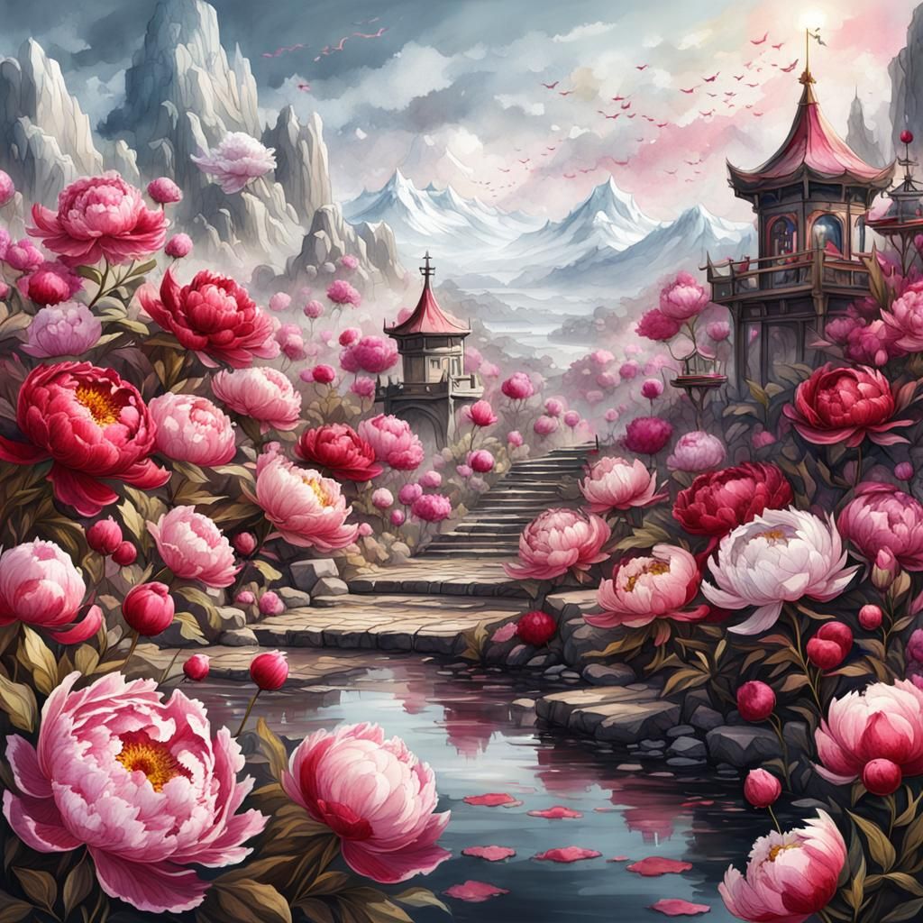 Ink and Watercolor Peonies in Bloom