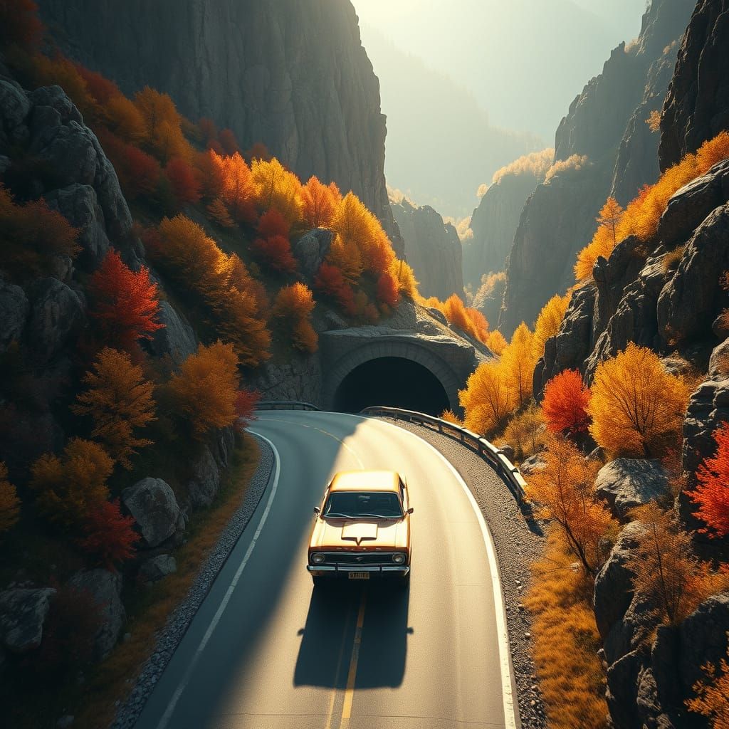 Vintage Car on Mountain Road in Autumn Hues