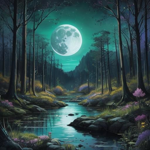 Moonlit Meadow: A Surreal Watercolor Fantasy