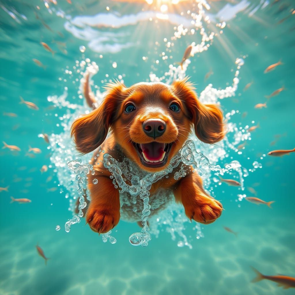 Playful Dachshund Puppy Glides through Turquoise Ocean